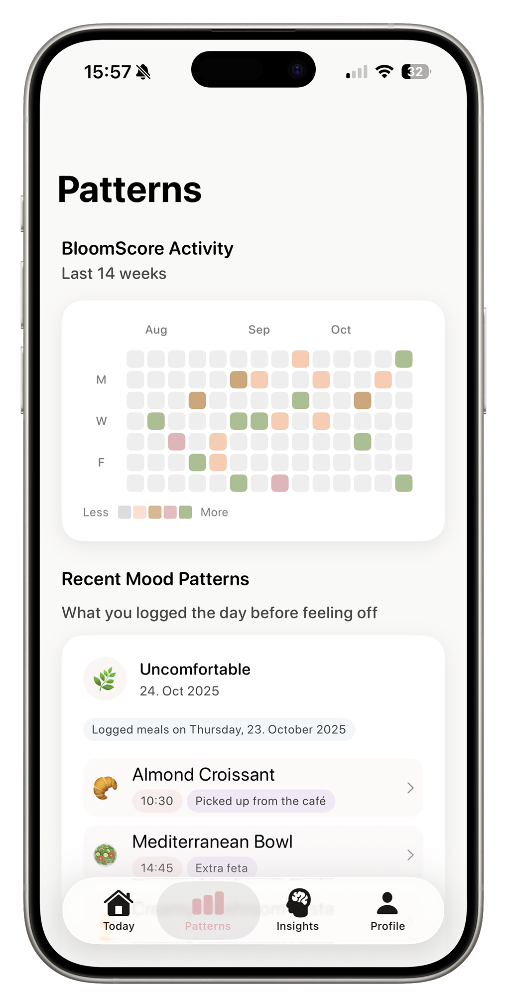 Petal BloomScore screen with a weekly heatmap and fiber patterns.